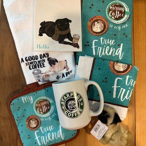 NWT Gift Set - Pugs & Starpugs Coffee Mug Notecards Towels Black Fawn Pug Bundle